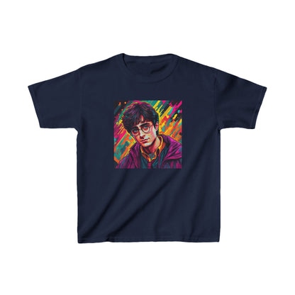 Kids Harry Potter Heavy Cotton Tee showcased in navy blue, featuring a vibrant illustration, perfect for young wizards who cherish the magical world.