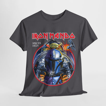 Close-up front view of the Iron Mando Graphic Tee highlighting the artistic design featuring a Mandalorian character and the text 'IRON MANDO SPACES HIGH' with vivid colours.