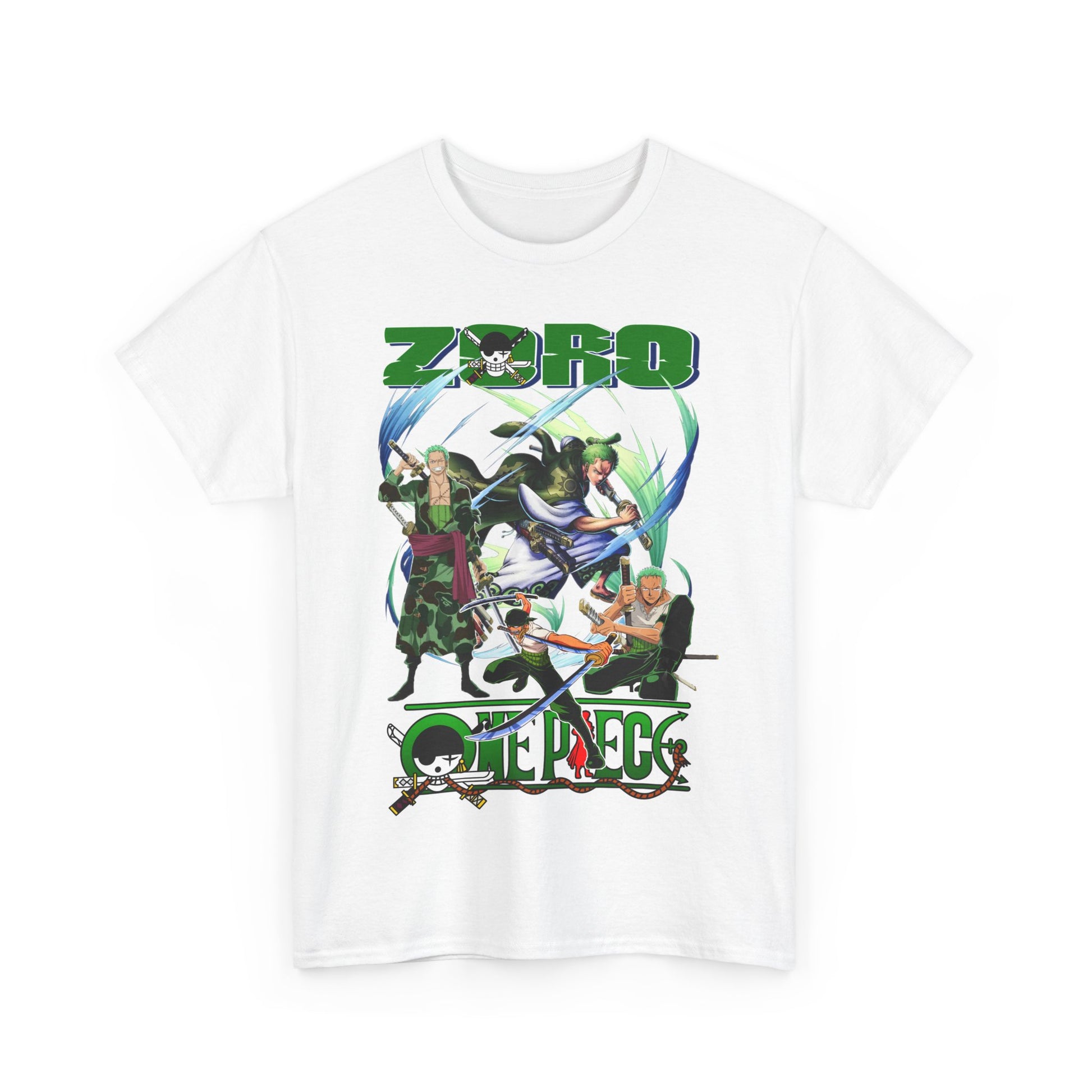 Stylish white t-shirt featuring vibrant characters from an iconic anime, showcasing a unique graphic design capturing the essence of adventure.