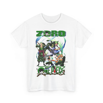 Stylish white t-shirt featuring vibrant characters from an iconic anime, showcasing a unique graphic design capturing the essence of adventure.