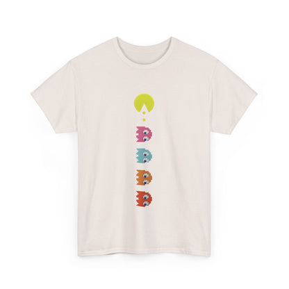 Luxury Unisex Pixel-Perfect Pac-Man Graphic Tee - Front view showcasing vibrant Pac-Man graphic with iconic ghosts, capturing the essence of classic gaming culture.