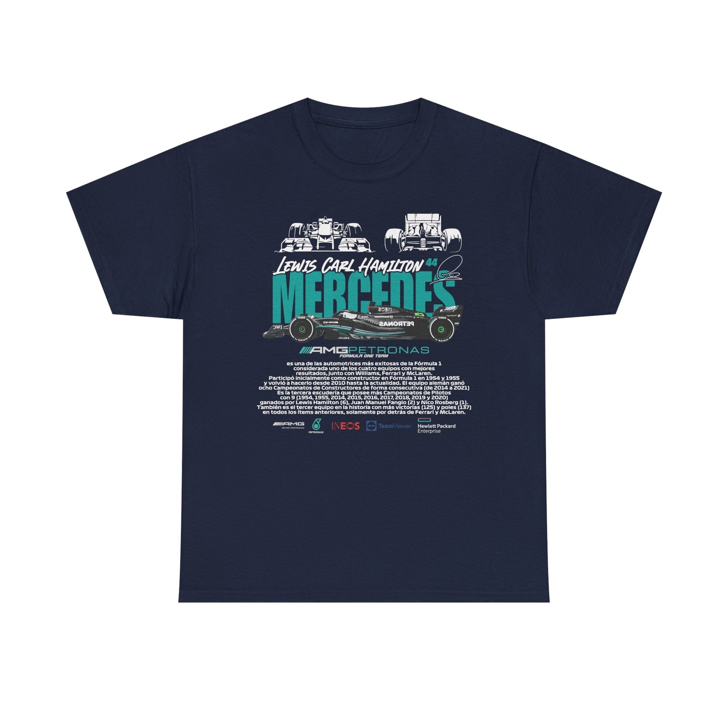 Chic navy blue t-shirt designed for fans of luxury racing, prominently displaying Lewis Hamilton's name and the Mercedes AMG Petronas logo, perfect for making a statement in style.