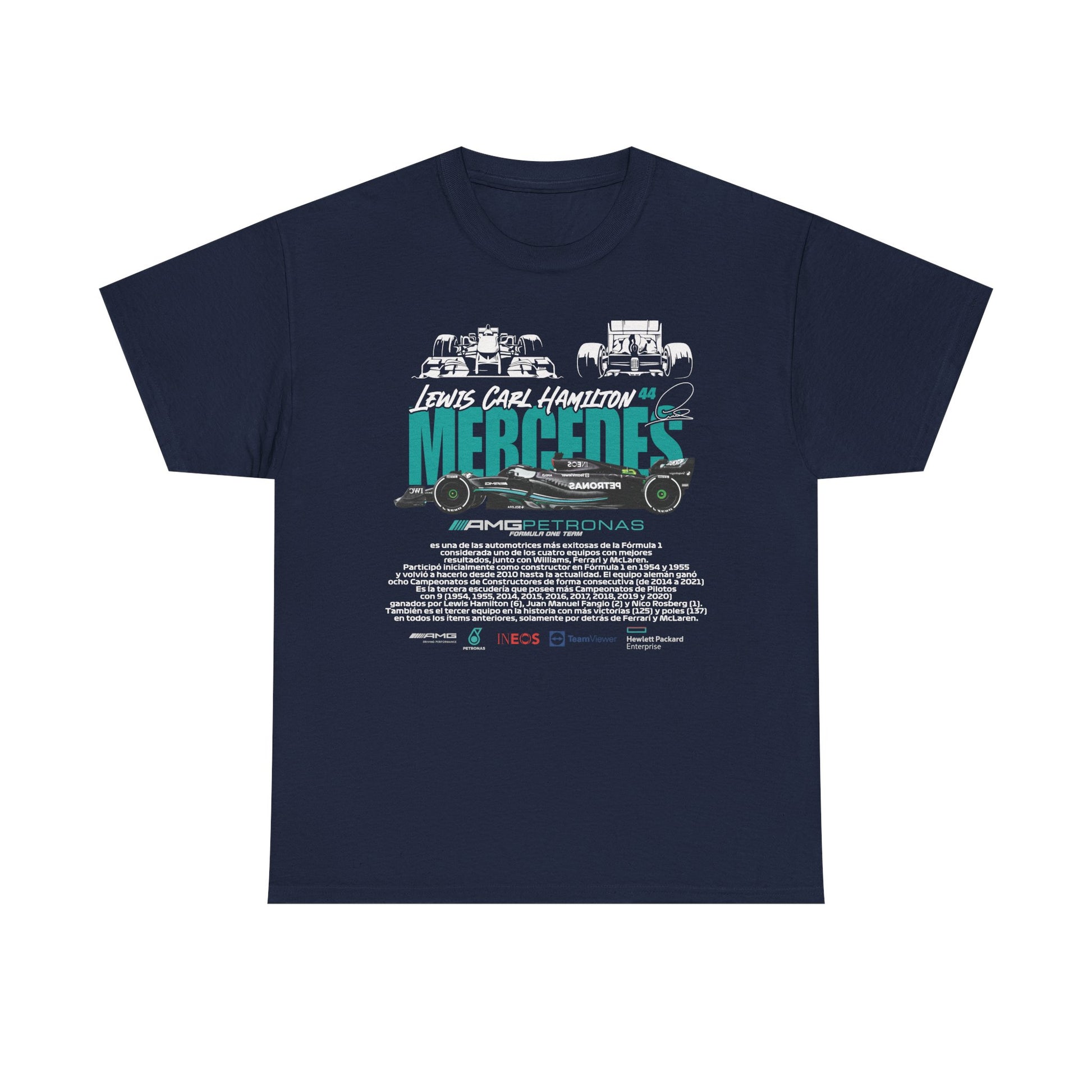 Chic navy blue t-shirt designed for fans of luxury racing, prominently displaying Lewis Hamilton's name and the Mercedes AMG Petronas logo, perfect for making a statement in style.