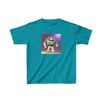 Kids Buzz Lightyear Heavy Cotton T-Shirt in turquoise, featuring a vibrant print of Buzz Lightyear, ideal for young explorers seeking comfort and style.
