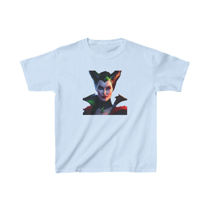 Maleficent Kids Tee, adorned with the enchanting image of Maleficent against a soft blue background, designed for comfort and style for children.
