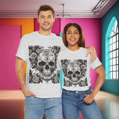 Couple wearing the Skulls and Roses Cotton Tee, Unisex Graphic Shirt, showcasing the versatility and fashionable appeal of this unique garment.