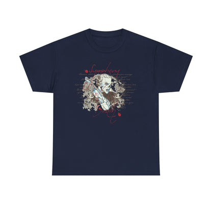 Stylish Melodic Macabre Skull T-Shirt in rich navy blue, featuring a captivating design that juxtaposes gothic imagery with floral and musical details, perfect for sophisticated casual wear.
