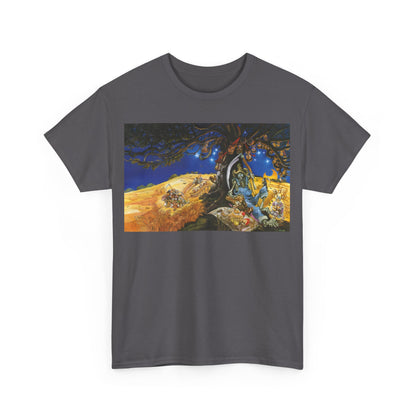 Front view of the Discworld Reaper Man Graphic Unisex Tee featuring a captivating illustration inspired by Terry Pratchett's Reaper Man, crafted for style and comfort.
