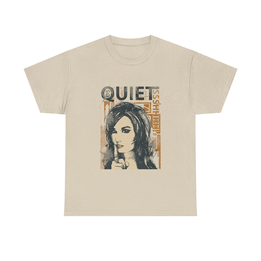 Elegant beige men's t-shirt showcasing a striking graphic design with 'QUIET' text and an enchanting portrait, perfect for modern urban fashion.