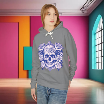 A model in a grey Steampunk Skull Roses Lightweight Hoodie, depicting the striking skull and roses print, tailored for fashionable streetwear enthusiasts.