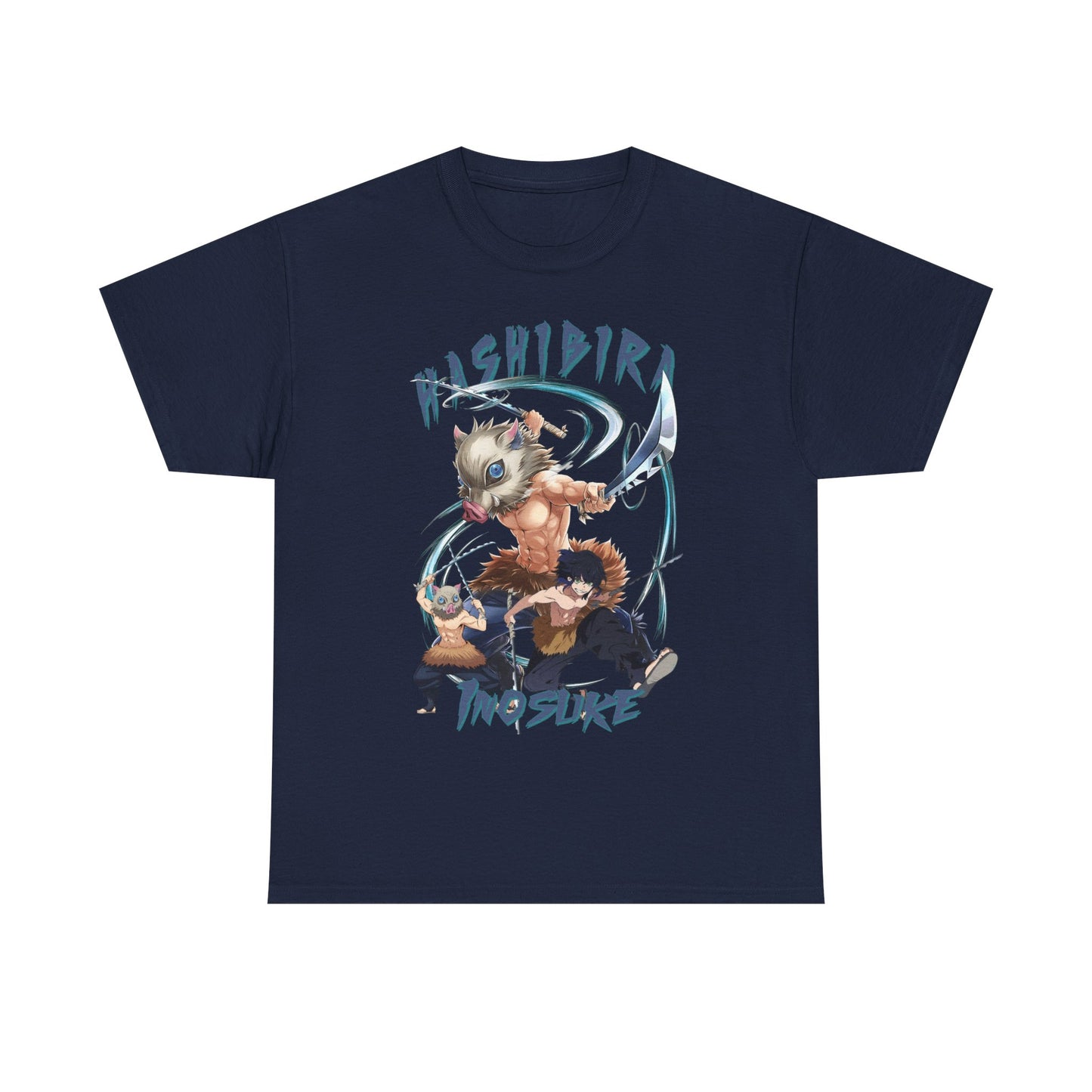 Sumptuous Hashibira Inosuke Anime T-Shirt in deep navy, displaying an eye-catching graphic of three fierce characters, perfect for discerning fashionistas.
