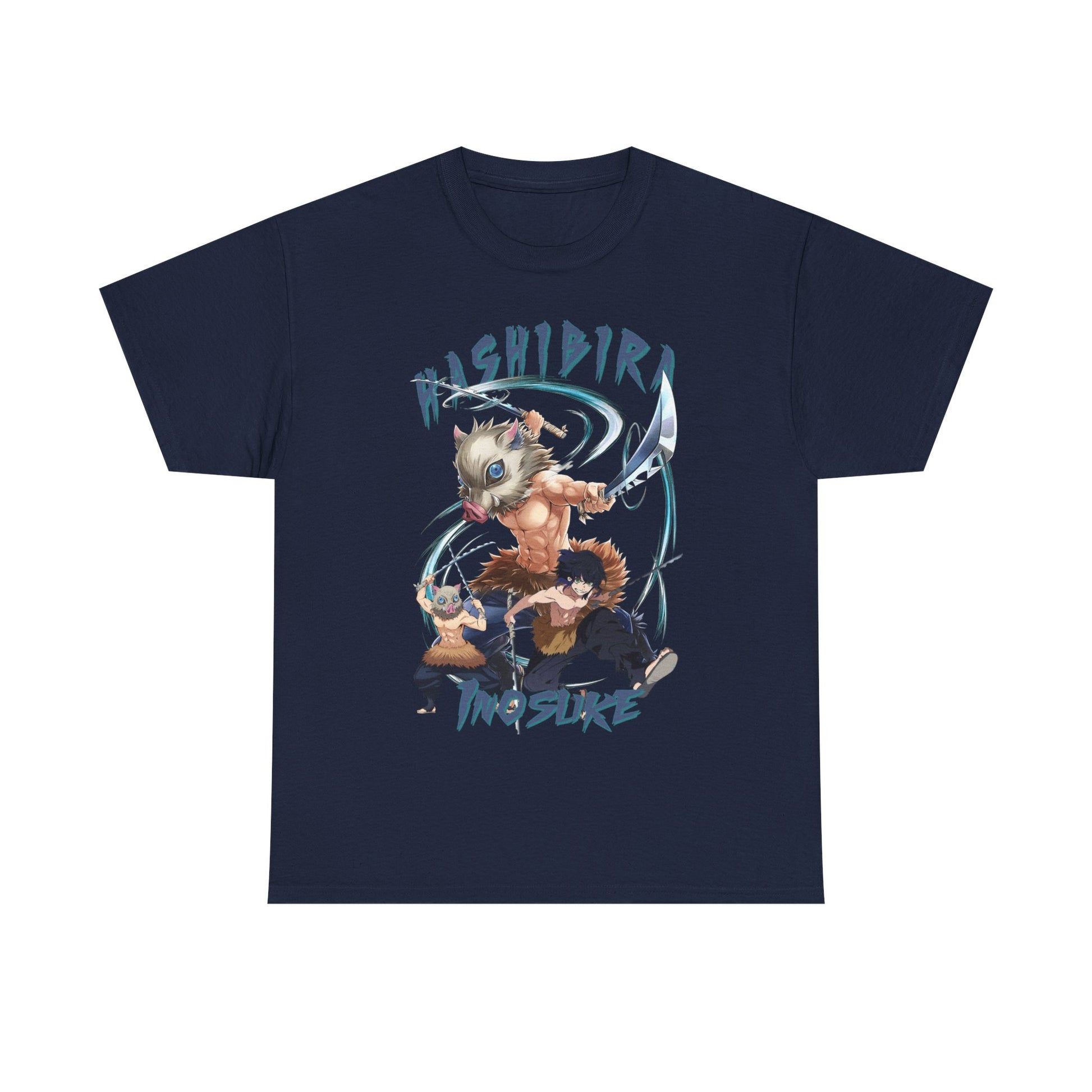 Sumptuous Hashibira Inosuke Anime T-Shirt in deep navy, displaying an eye-catching graphic of three fierce characters, perfect for discerning fashionistas.