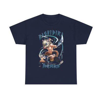 Sumptuous Hashibira Inosuke Anime T-Shirt in deep navy, displaying an eye-catching graphic of three fierce characters, perfect for discerning fashionistas.