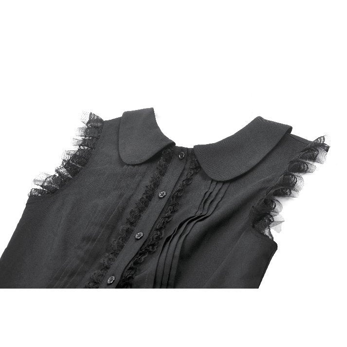 Elegant Dark In Love Gwendolyn Black Mini Dress featuring intricate lace panels and a stylish Peter Pan collar, perfect for gothic fashion enthusiasts.