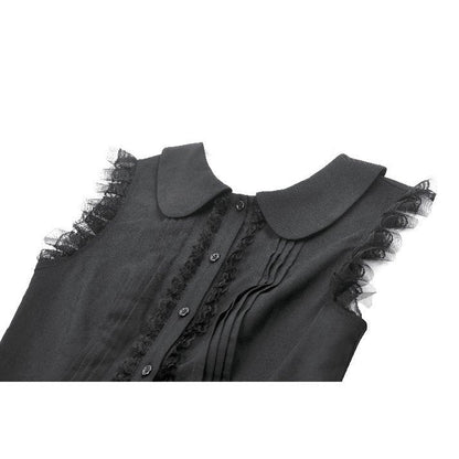 Elegant Dark In Love Gwendolyn Black Mini Dress featuring intricate lace panels and a stylish Peter Pan collar, perfect for gothic fashion enthusiasts.