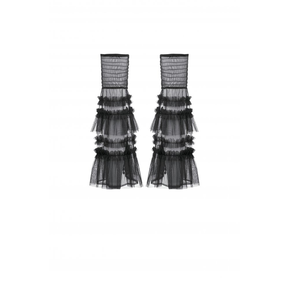 Close-up view of Dark in Love Ophelia tiered socks showcasing soft black mesh and intricate ruffle details for a whimsical touch.