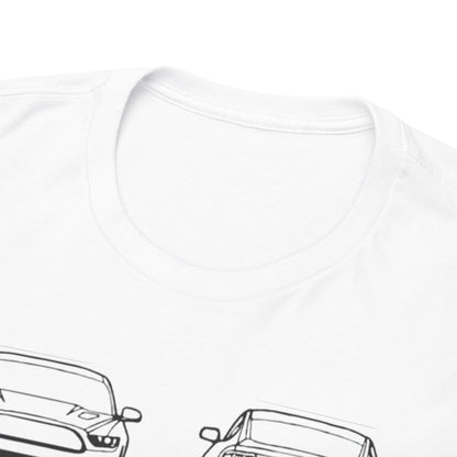 Close-up of the neck area of a Ford Mustang GT T-Shirt, highlighting the premium fabric and detailed technical artwork of the muscle car design.