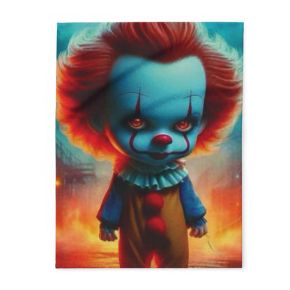Decorative and Warm Halloween Pennywise IT Spooky Arctic Fleece Blanket featuring a striking blue clown with fiery red hair, perfect for seasonal decor and cosy movie nights.