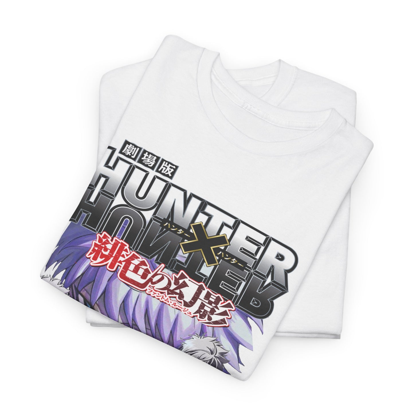 Elegant folded Hunter x Hunter graphic tee showcasing intricate design of popular characters, ideal for showcasing your passion for anime in a stylish manner.