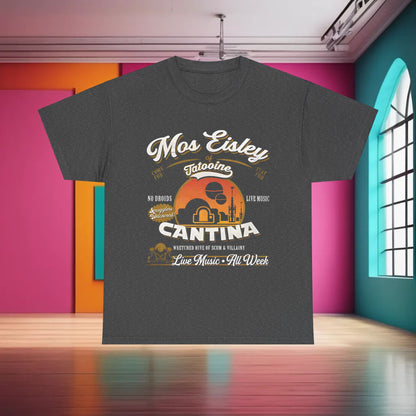 Star Wars Mos Eisley Cantina Graphic T-Shirt in dark grey, presenting a luxurious style with a striking graphic inspired by the iconic cantina, perfect for casual wear.