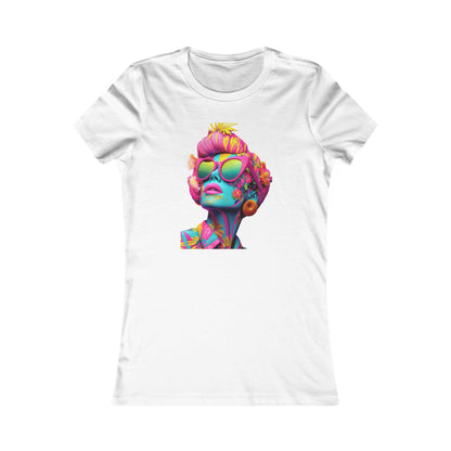 Luxury women's graphic cotton t-shirt featuring the exclusive 'Vibrant Vixen' design, showcasing a stylised portrait of a woman with a colourful floral and abstract pattern, oversized sunglasses, and a whimsical vibe.