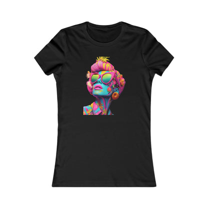 Luxury graphic tee featuring 'Vibrant Vixen' design, showcasing a stylized woman adorned with flowers and oversized sunglasses on a classic black cotton t-shirt.