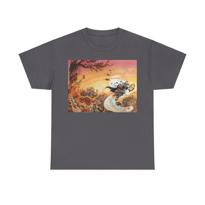 Discworld Soul Music Graphic Unisex T-Shirt in dark grey featuring a vibrant and whimsical illustration of characters in Terry Pratchett's enchanting universe.