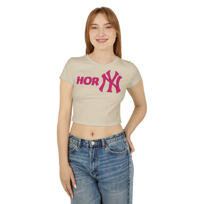 Playful Yankees Women's Cropped T-Shirt - Cheeky & Fun 100% Organic Cotton Funny showcasing a stylish magenta design and cool 'NY' lettering.