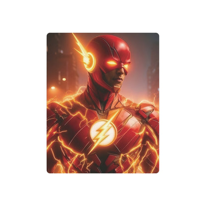 The Flash Metal Art Poster capturing the essence of speed and adventure with a striking image of the superhero surrounded by electrifying visuals, exquisite matte aluminum finish for refined home decor.