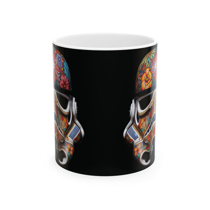 Side view of the Artistic Floral Stormtrooper Mug, revealing intricate floral designs and an artistic representation of a Stormtrooper, perfect for unique office decor.