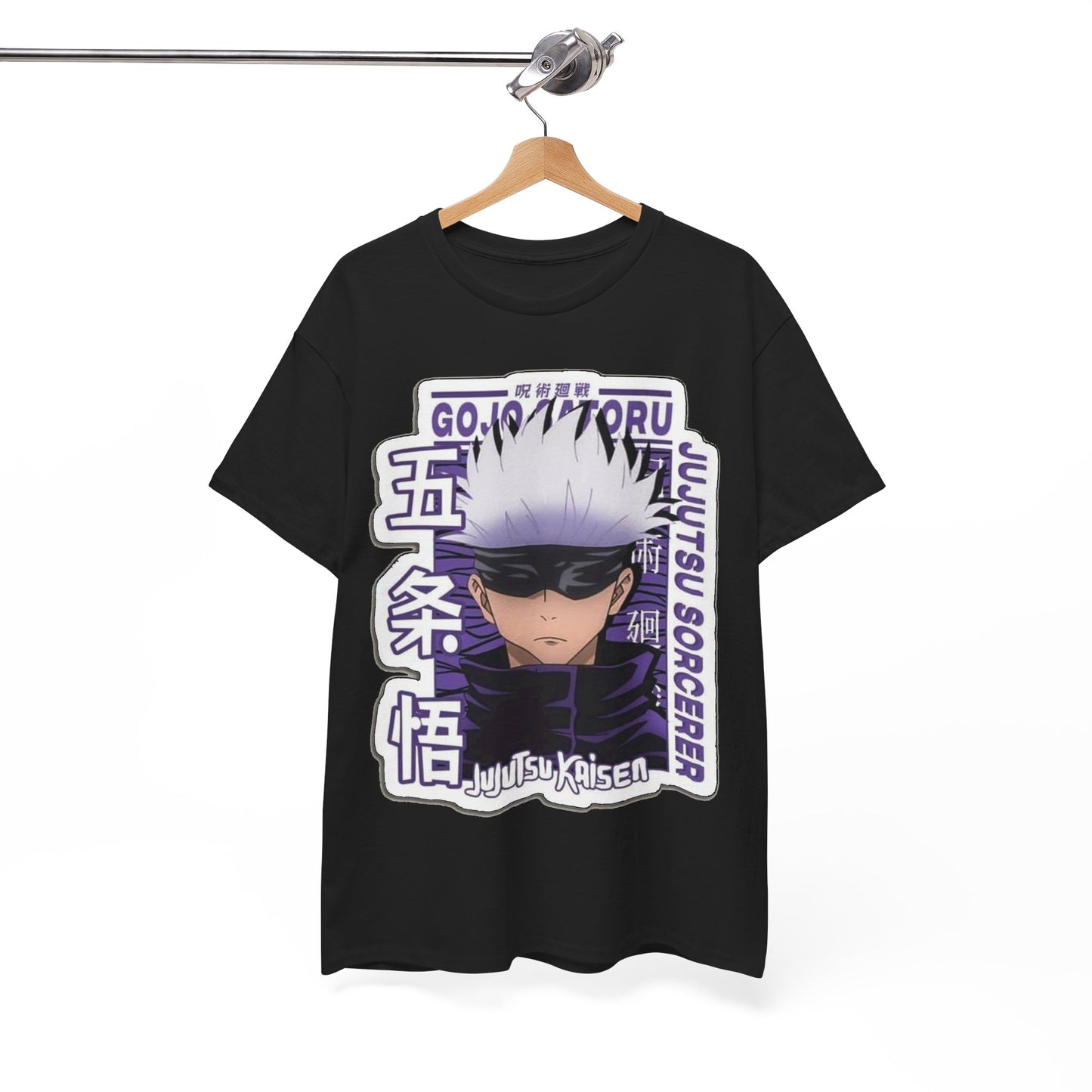 Stylishly displayed Gojo Satoru T-shirt on a wooden hanger, featuring exquisite design elements from *Jujutsu Kaisen*, perfect for capturing attention in any setting.