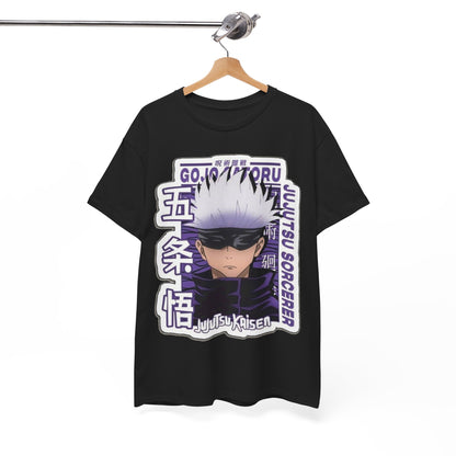 Stylishly displayed Gojo Satoru T-shirt on a wooden hanger, featuring exquisite design elements from *Jujutsu Kaisen*, perfect for capturing attention in any setting.