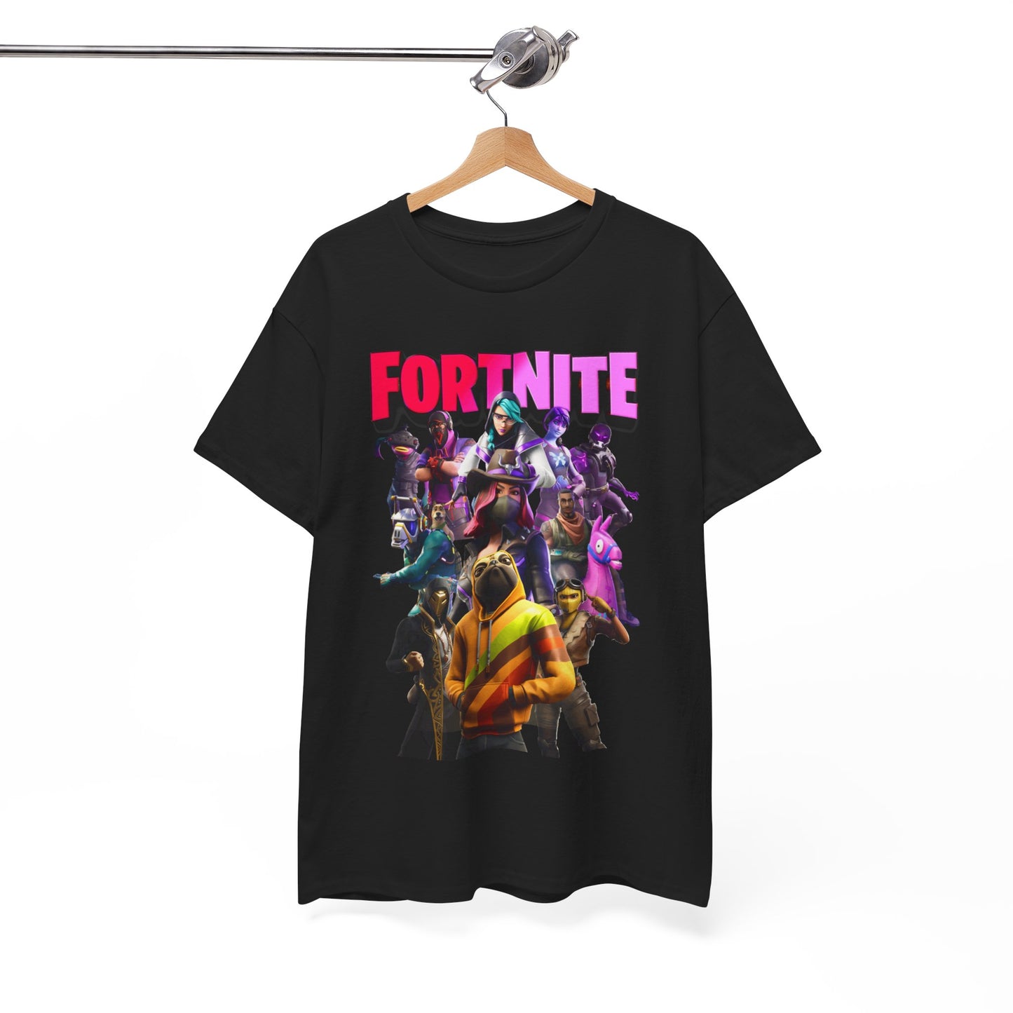 Elegantly hung Fortnite T-shirt displaying colourful gaming graphics and striking title in pink, ideal for fashion-forward fans.