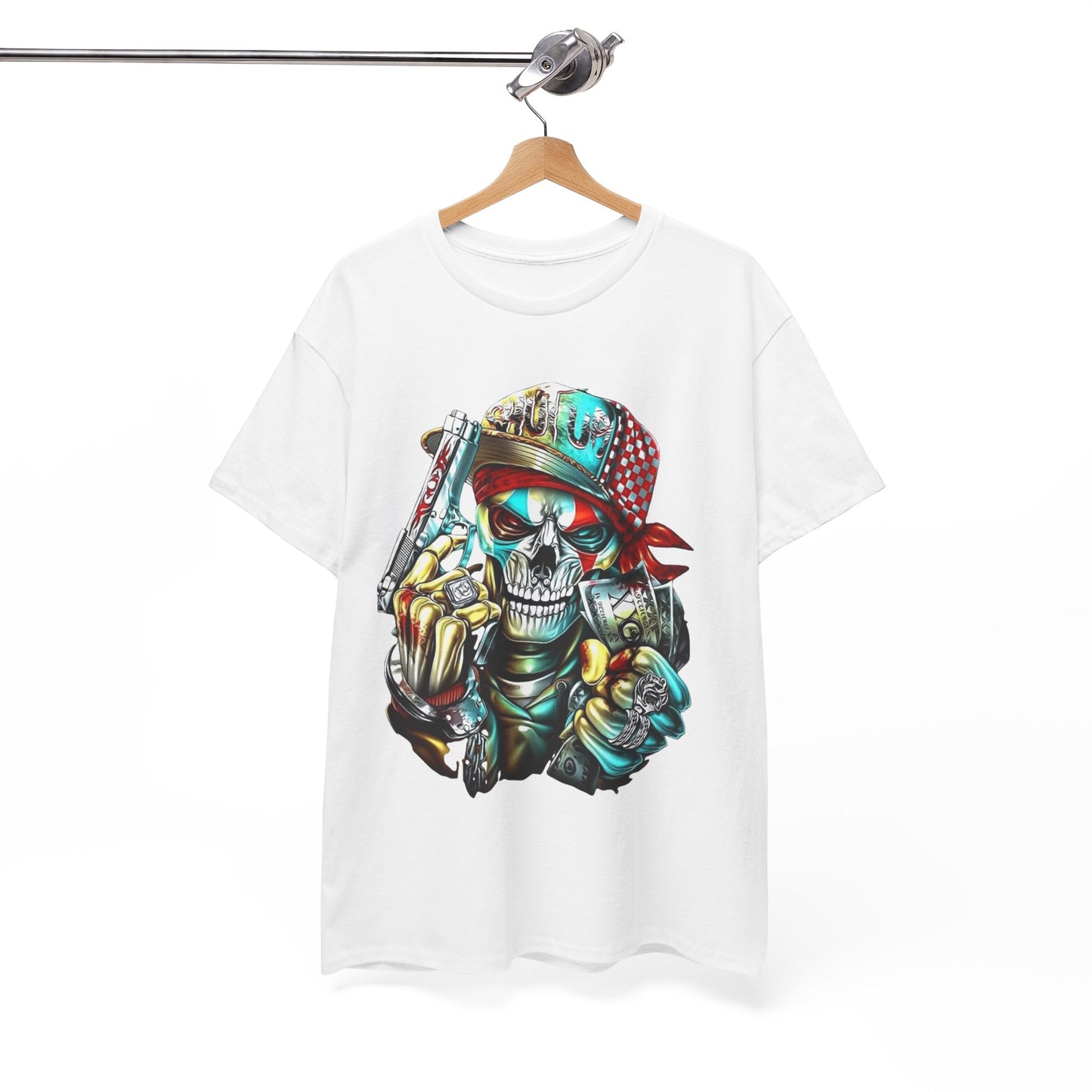 MEN'S FUNNY T-SHIRT WITH STYLIZED SKULL, BANDANA, AND GANGSTA GRAPHIC DESIGN