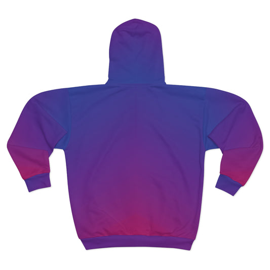 Back view of the Unisex Zip Up Hoodie Hooded Sweatshirt showcasing a chic gradient design in blue and purple, offering a modern and luxurious style.
