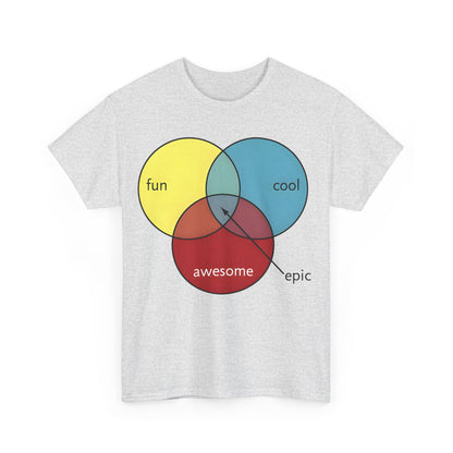Front view of the Epic Pie Chart Graphic Tee showcasing a humorous design featuring vibrant circles labelled 'fun', 'cool', and 'awesome'.