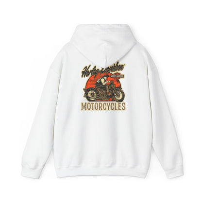 Stylish vintage Harley-Davidson back print hoodie featuring an iconic motorcycle design with sunset hues, perfect for adventurous spirits.