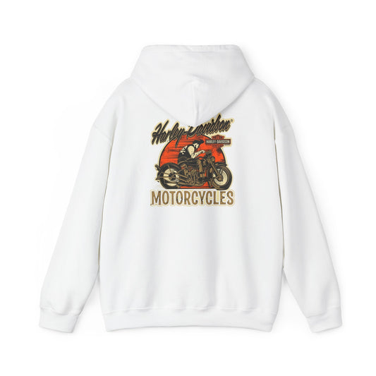 Stylish vintage Harley-Davidson back print hoodie featuring an iconic motorcycle design with sunset hues, perfect for adventurous spirits.