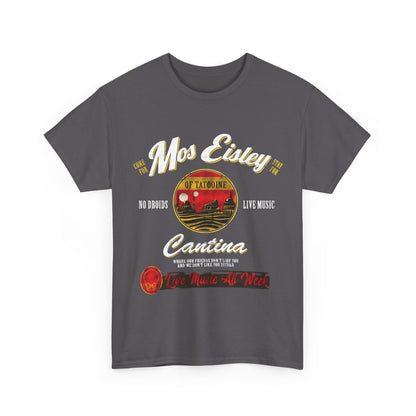 Front view of the dark Star Wars Mos Eisley Cantina Graphic T-Shirt, adorned with exquisite graphics and playful slogans, ideal for Star Wars enthusiasts.
