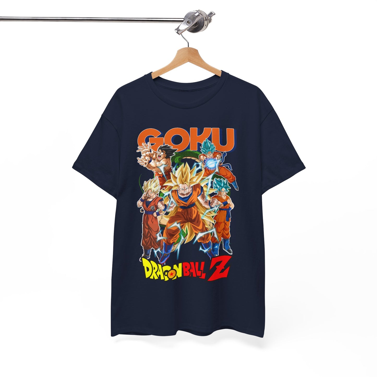 Elegant GOKU Power Surge T-Shirt displayed on a hanger, illustrating a vibrant Dragon Ball Z graphic with Goku in multiple forms, perfect for stylish anime enthusiasts.