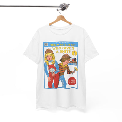 Stylish unisex t-shirt displayed elegantly on a hanger, showcasing the vibrant and humorous design of 'The Mystery of Who Gives a Shit?' cartoon cover with notable characters.