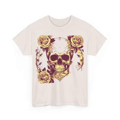 Front view of the Skulls and Roses Cotton Tee showcasing an intricate skull and rose graphic, blending edgy aesthetics with luxury fashion.