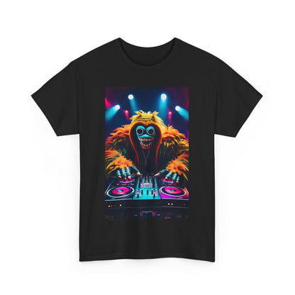 Front view of the Street Monster Graphic T-Shirt in black with a striking DJ monster graphic, ideal for adding a bold statement to your urban attire.