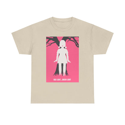 Front view of Squid Game Unisex Men´s Women´s Graphic Cotton Funny T Shirt with 'Red Light... Green Light' graphic, ideal for fans seeking a unique and stylish garment.