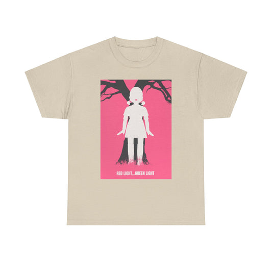 Front view of Squid Game Unisex Men´s Women´s Graphic Cotton Funny T Shirt with 'Red Light... Green Light' graphic, ideal for fans seeking a unique and stylish garment.