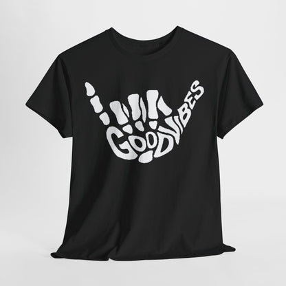 Artfully styled black t-shirt with a striking 'Good Vibes' hand gesture print, representing a fusion of fashion and positive energy.