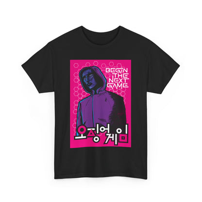 Stylish black Squid Game unisex t-shirt showcasing a bold graphic print of the phrase "Begin The Next Game" in striking pink and blue, ideal for those who appreciate unique streetwear.
