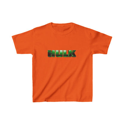 Kids Heavy-Duty Hulk Graphic Tee in vibrant orange, perfect for little superheroes, featuring a bold Hulk design.
