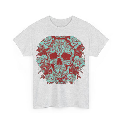 Front view of the Skulls and Roses Cotton Tee featuring a bold skull and roses design, perfect for alternative fashion enthusiasts.