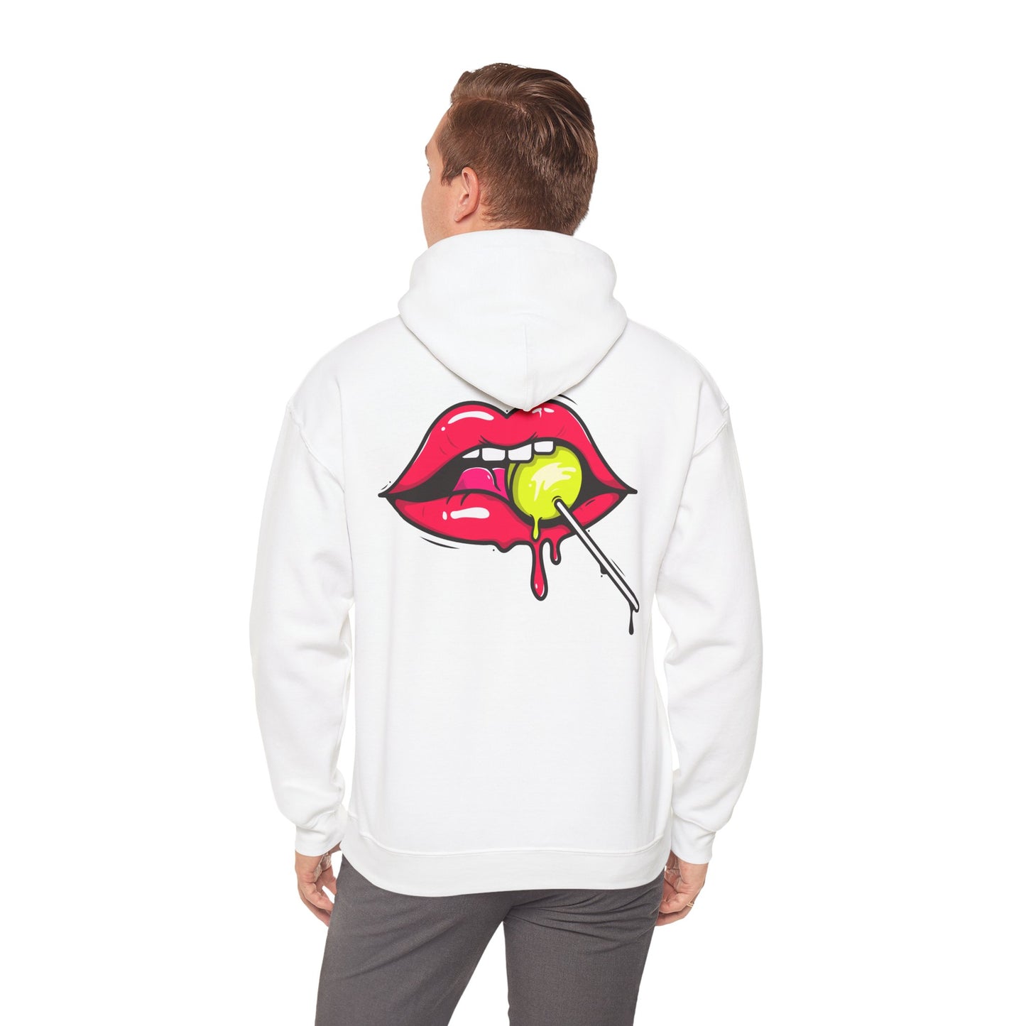 Sophisticated white hoodie worn by a model, featuring a colourful graphic design of vibrant red lips and a lollipop, exuding playful luxury.